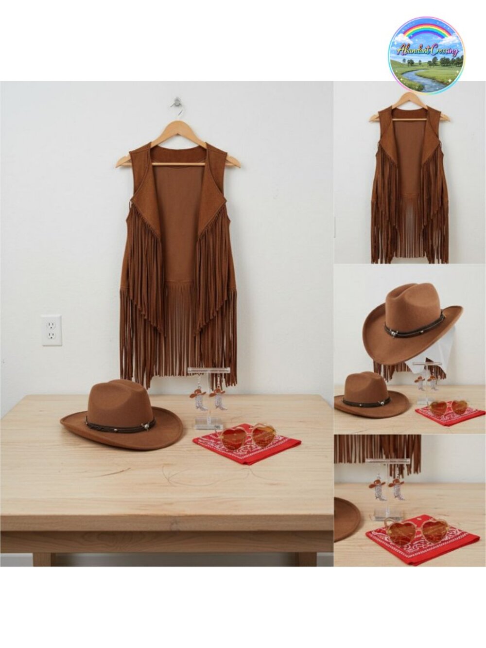 Girls Cowgirl Costume 6 Pc Set Fringe Vest Hat Earrings Halloween Western